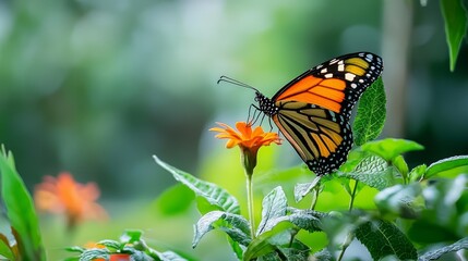  A tight shot of a butterfly atop a flower amidst a sea of green and orange blossoms, framed by distant trees