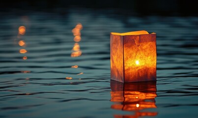 Delicate paper lantern glowing softly, floating on calm water