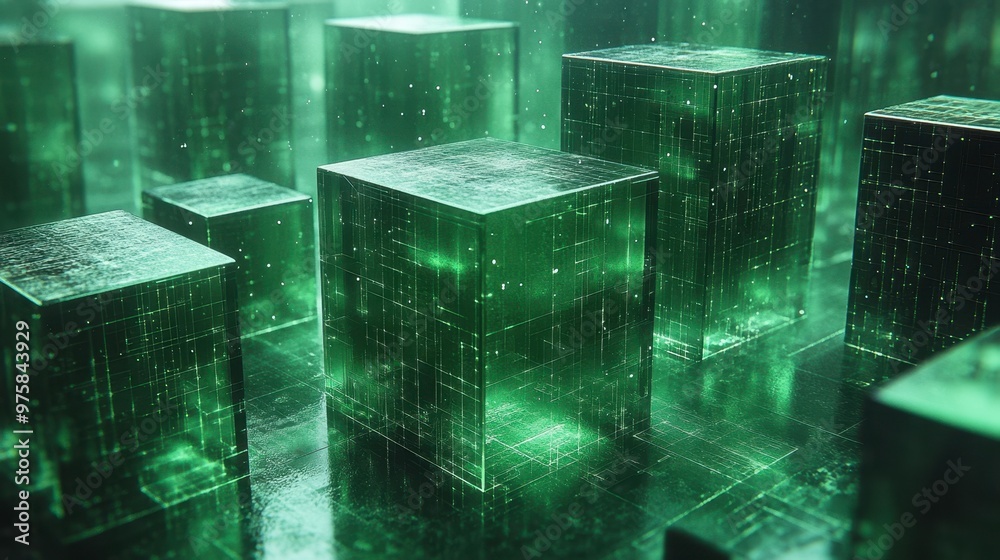 Poster Glowing Green Cubes With Binary Patterns Create a Digital Landscape During a Futuristic Scene