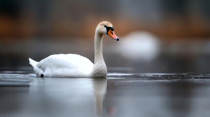 Obraz premium A tight shot of a duck over water, backdrop of trees and indistinct structures blurred