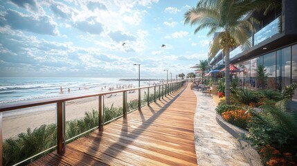 Obraz premium beachside boardwalk offering scenic coastal views perfect for sunset strolls nature getaway along the coastline relaxation destination for summer vacations and seaside exploration