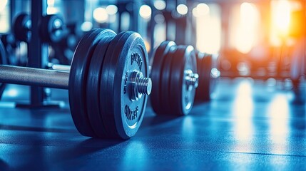 Fototapeta premium Two dumbbells are on the floor in a gym