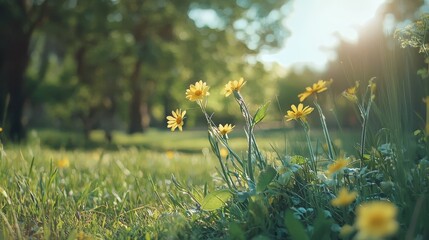 Obraz premium A lush green field hosts a multitude of yellow flowers, with sun rays filtering through the background trees
