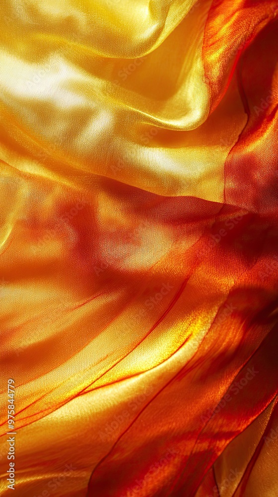 Poster flowing fabric in warm shades of orange and gold creating a vibrant abstract design
