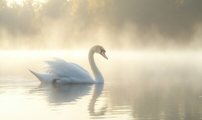 Fototapeta premium Graceful white swan floating on a misty lake, soft morning light illuminating the scene