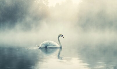 Fototapeta premium Graceful white swan floating on a misty lake, soft morning light illuminating the scene