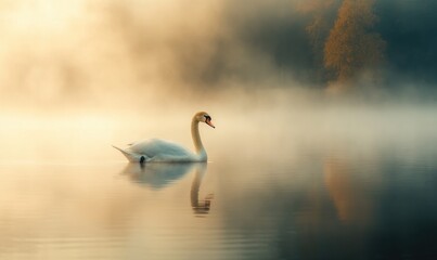 Fototapeta premium Graceful white swan floating on a misty lake, soft morning light illuminating the scene
