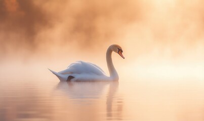 Obraz premium Graceful white swan floating on a misty lake, soft morning light illuminating the scene
