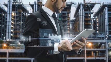 A businessman using a digital technology tablet in an industrial setting, representing digital transformation.
