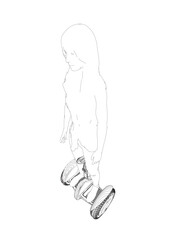 Outline of a girl standing on a segway made of black lines isolated on a white background. Girl riding a segway. Front view. Vector illustration.