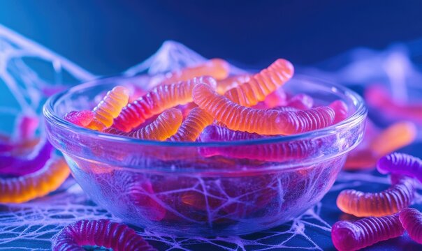 Halloween gummy worms in a clear bowl, surrounded by spiderweb decorations