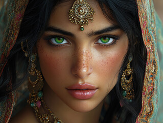 Enchanting South Asian Woman: Vibrant Green Eyes & Traditional Jewelry Portrait