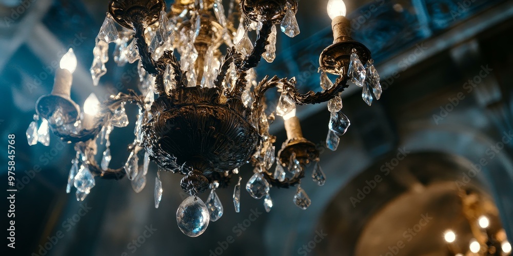 Sticker Ornate chandelier with crystal drops hanging from the ceiling.