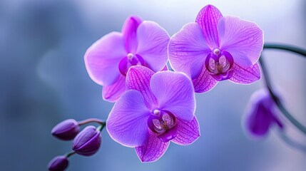  A tight shot of two purple orchids against a blue backdrop, with their backgrounds softly blurred and imaged in overlapping layers