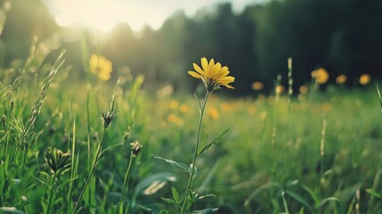  A lone yellow flower blooms in the heart of a green grass expanse, with a backdrop of yellow blossoms