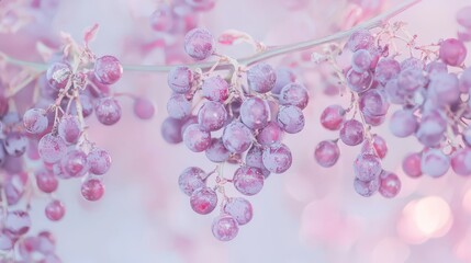  A tight shot of purple grapes, clustered on a branch, glistening with water droplets Background softly blurred