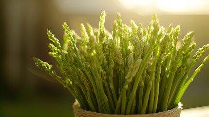  A tight shot of a cluster of green grass in a burlap sack on a table