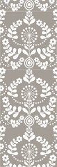 A decorative pattern featuring floral and botanical elements in white on a muted background.