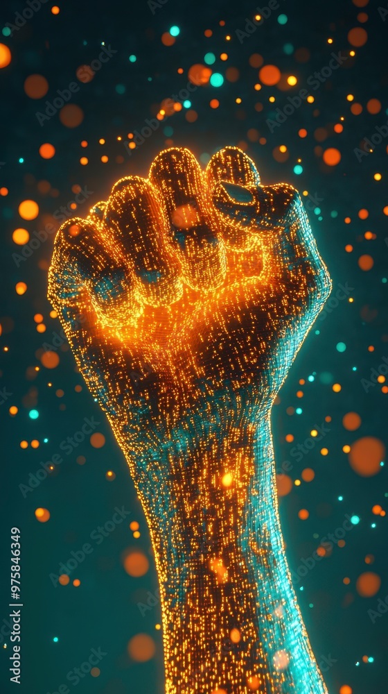 Poster Raised Hand Forming a V Sign Amidst Flowing Orange Lights and Digital Binary Code