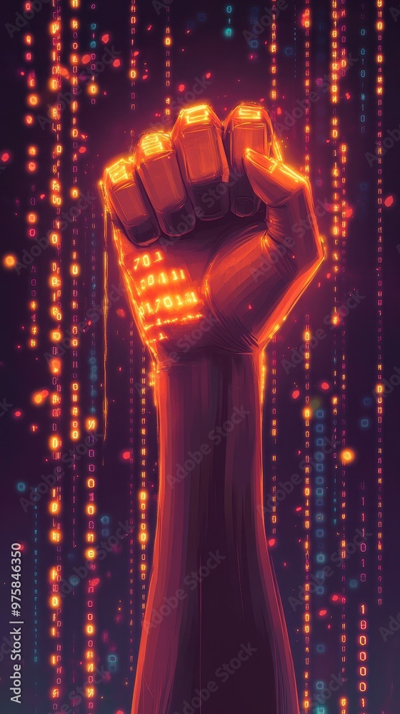 Poster Hand Forming a V Sign With Digital Binary Code and Flowing Orange Lights in a Minimalist Design
