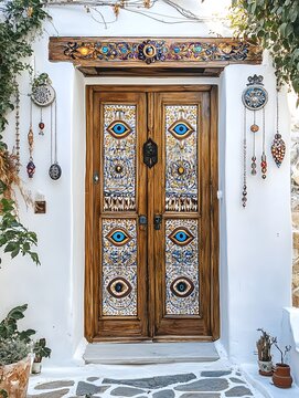Brown Doors Adorned with Mystical Evil eye Ornaments in a White Facade.