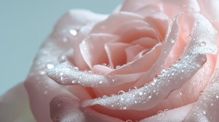 Fototapeta premium A pink rose, closely framed, features water droplets glistening on its petals against a light blue backdrop