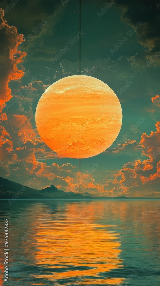 Aufkleber Hyper Realistic View of Planet From Satellite During Twilight With Vibrant Colors Reflecting on Water