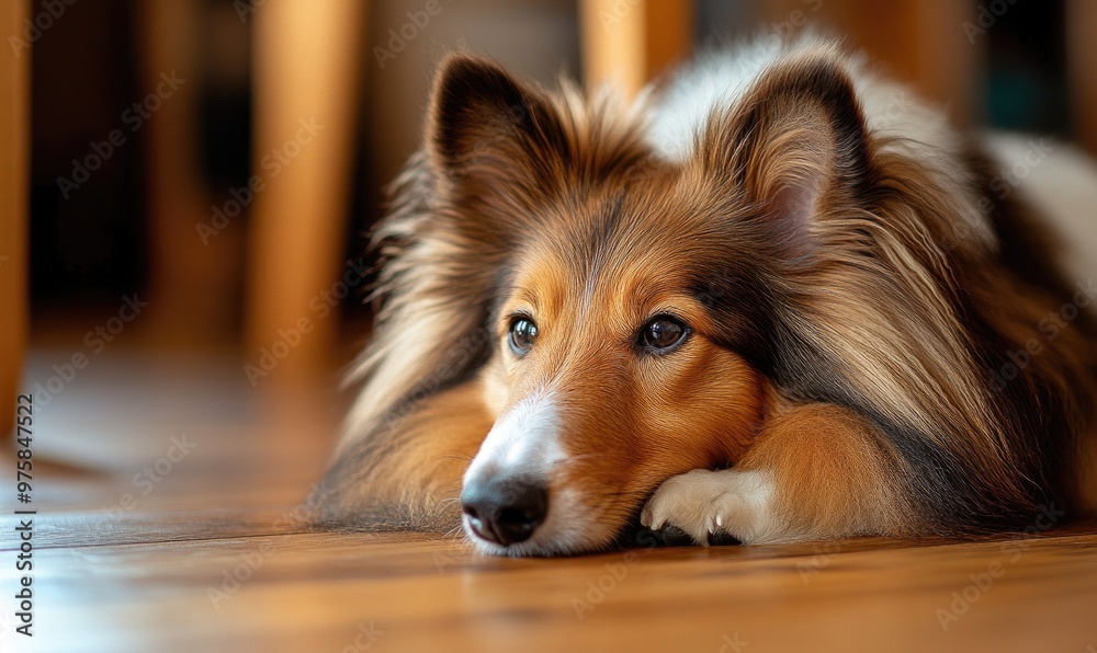 Poster Sheltie lying down on a wooden floor