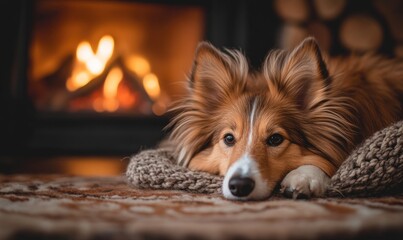 Sheltie lying on a cozy rug, indoor setting