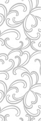 A decorative pattern featuring intricate, swirling designs in gray on a white background, suitable for wallpaper or textile design.