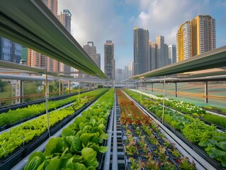 Fototapeta premium Automated Vertical Urban Rooftop Farm with Climate Controlled Hydroponics System