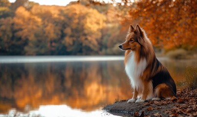 Sheltie sitting by a lake, reflection in the water