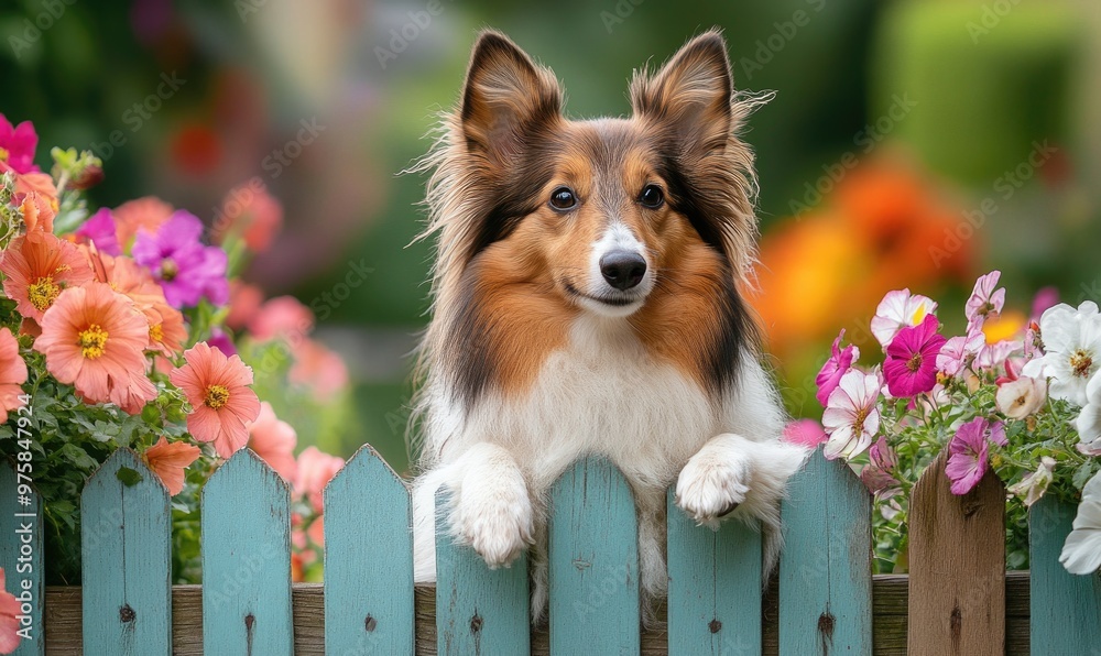 Poster Sheltie standing by a garden fence, flowers in bloom