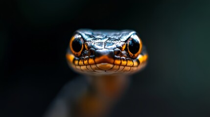 Fototapeta premium A tight shot of a snake's head against a black backdrop, displaying its distinctive orange-and-black stripes