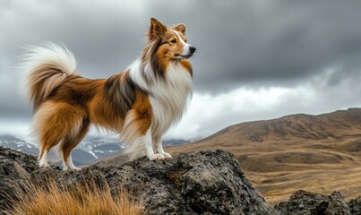 Sheltie sitting on a large rock, mountains in the background