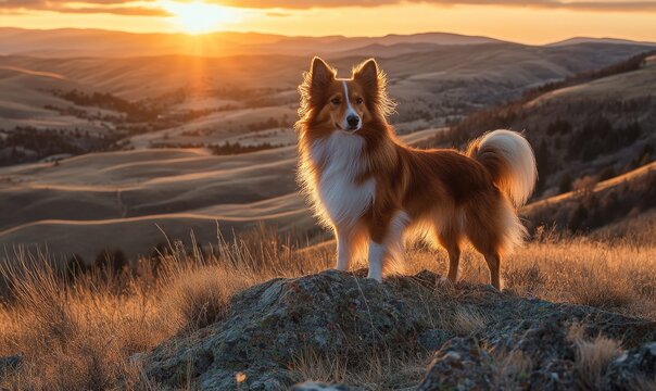 Sheltie standing on a hilltop, overlooking a valley