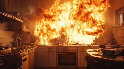 fire emergency intense flames engulfing kitchen smoke hazard safety crisis chaotic blaze scorching heat disaster scene fire accident destruction danger zone burning flare ignition