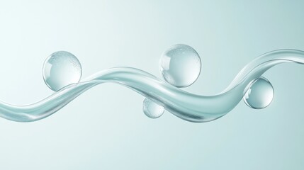 Elegant cosmetic product poster featuring water droplets and bubbles against a soft blue background in a minimalist design