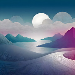 Surreal Moonlit Landscape with Lavender Hills and Turquoise Sky