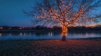 Sparse autumn tree with glowing string lights wrapped around its branches