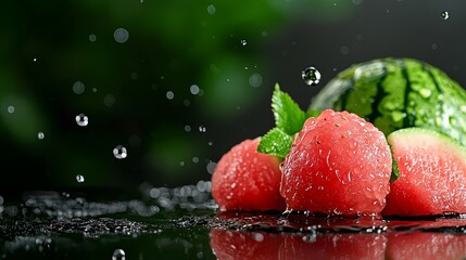  A tight shot of a watermelon and raspberries arrangement on a table, adorned with water droplets...