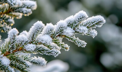Spruce branch close-up, snow clinging