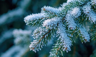 Spruce branch close-up, snow clinging
