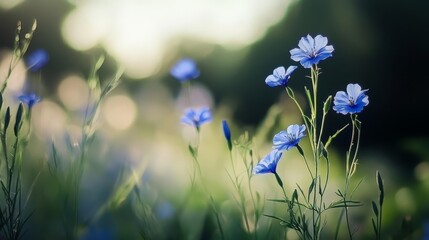  A tight shot of blue blooms amidst a sea of green and blue blossoms, softened by hazy light in the distance