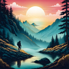 Lone Hiker at Sunset Overlooking Scenic River and Mountains