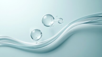 Elegant cosmetic product poster featuring water droplets and bubbles against a soft blue background in a minimalist design