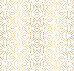 Elegant seamless pattern featuring gold line in floral shape and arranged in hexagon form on a white background.