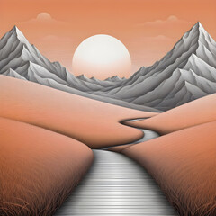 Surreal Desert Landscape with Mountains and Reflective River
