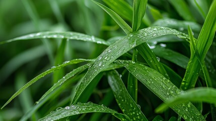 leaves dotted with water droplets; backdrop of grass softly blurred