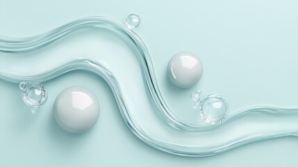 Elegant cosmetic product poster featuring water droplets and bubbles against a soft blue background in a minimalist design